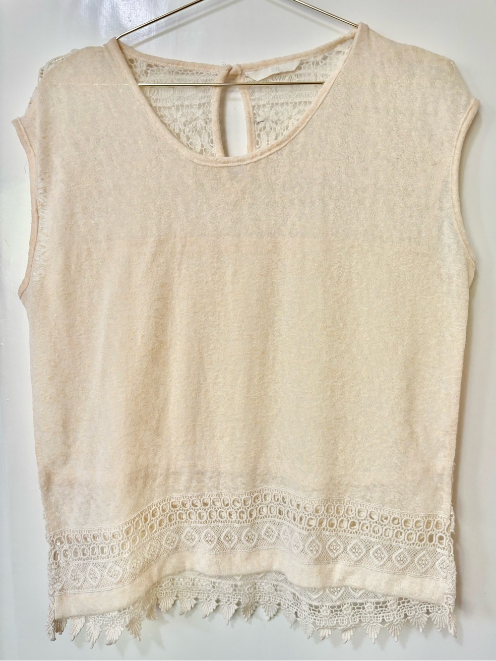H&M| Cream Boho Lace-Trim Linen Blend Cap Sleeve Blouse w/Keyhole Back Sz S